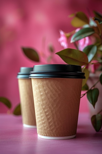 Two paper coffee cups on a pink background Coffee to go