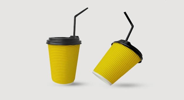 Two paper disposable yellow glasses levitate on a light background Concept of recycling