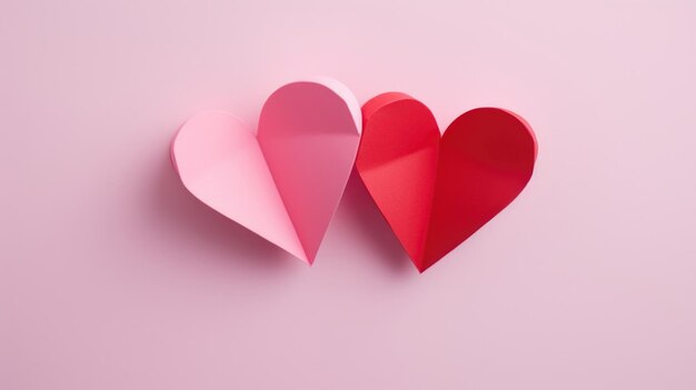 Two paper hearts one red and one pink intertwined and folded together in a symbol of love and