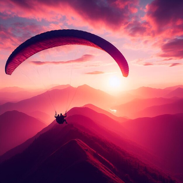 Photo two paragliders fly over mountain top in epic pink sunset light