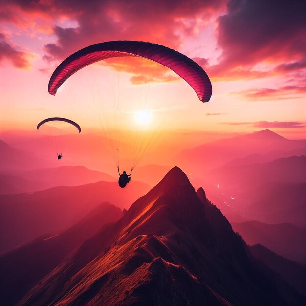 Two paragliders fly over mountain top in epic pink sunset light