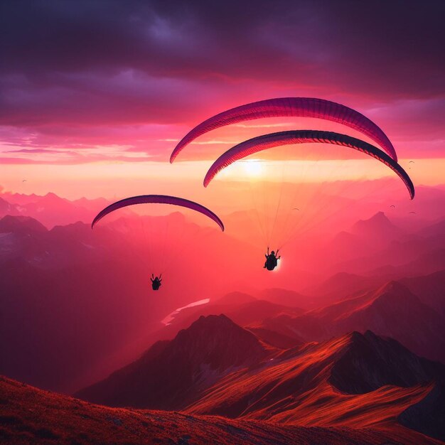 Photo two paragliders fly over mountain top in epic pink sunset light