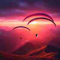 Photo two paragliders fly over mountain top in epic pink sunset light