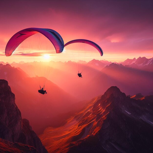 Photo two paragliders fly over mountain top in epic pink sunset light