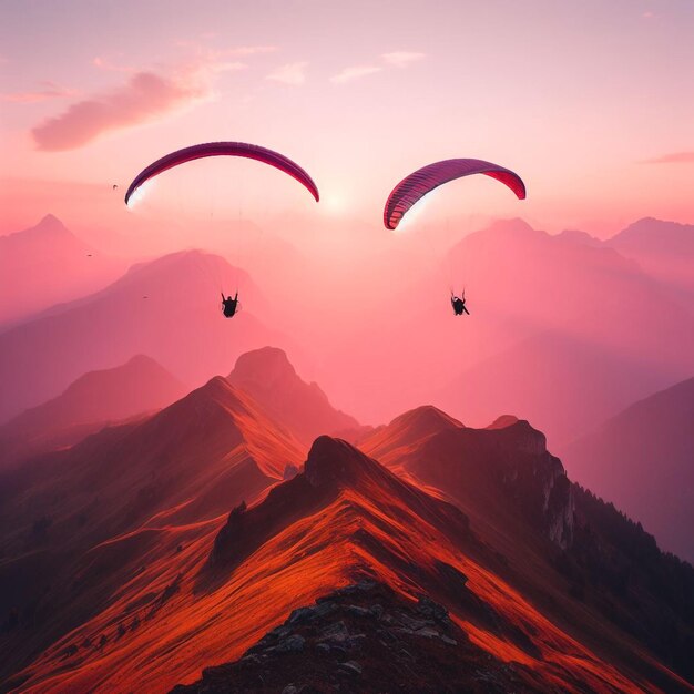 Photo two paragliders fly over mountain top in epic pink sunset light