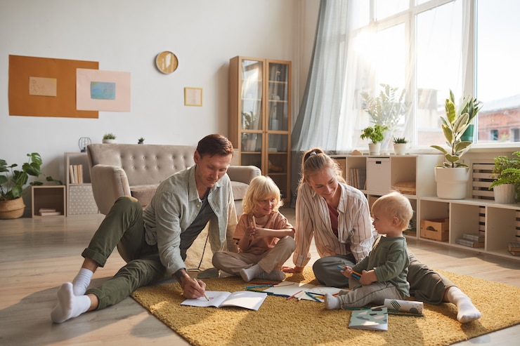 Photo two parents drawing on the floor together with their two children in the living room