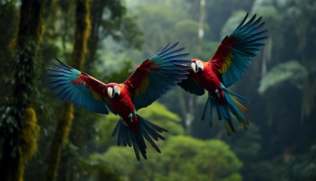 two parrots are flying in the air with one being held up by one another