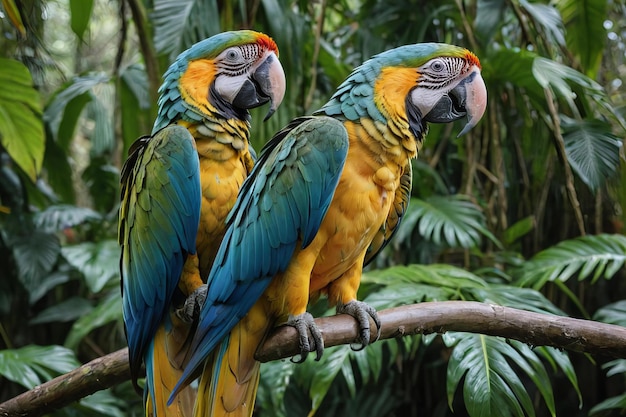 Photo two parrots are sitting on a branch with leaves and one has a red and blue tail