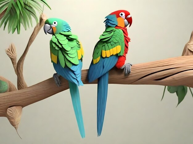 two parrots are sitting on a branch with one wearing a red shirt