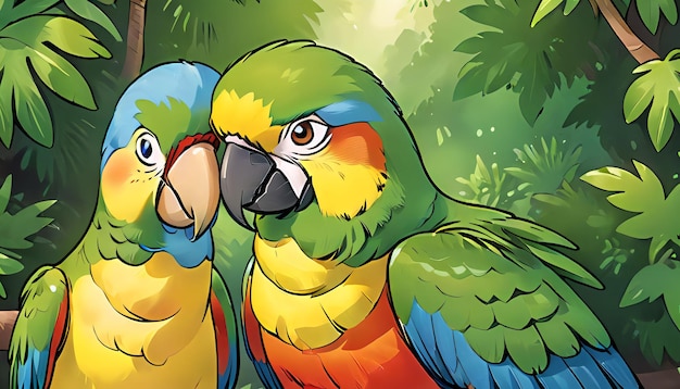 two parrots head together hand drawn style ai generated