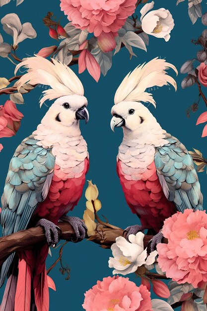 Two parrots may be seen seated on a branch that is covered with pink blossoms