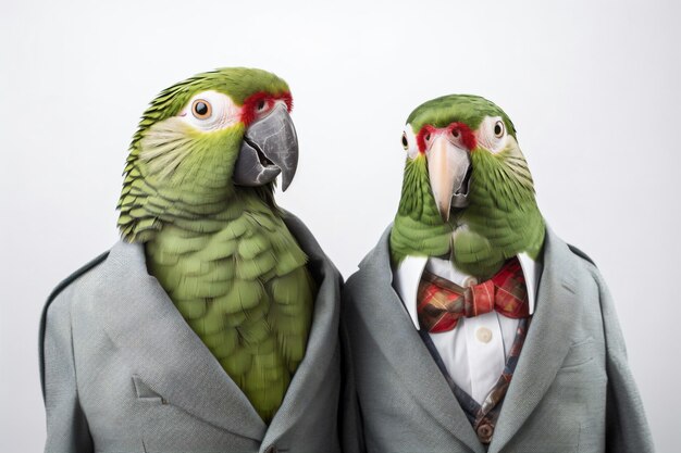 два попугая с красными и зелеными перьями стоят рядом друг с другом