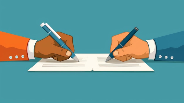 Two partners sign the document and put his signature cartoon flat design on the handle