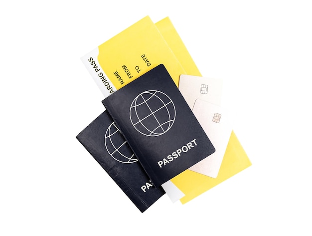 흰색 배경에 격리된 두 개의 여권 탑승권 및 신용 카드 커플 또는 가족 여행에 의한 항공 여행 관광 개념