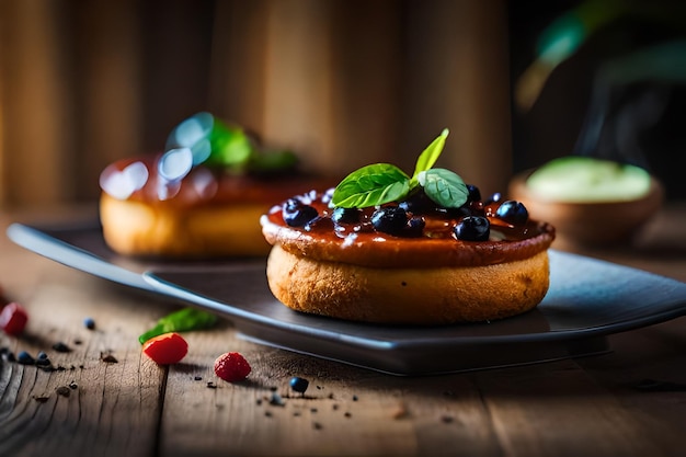 two pastries with a leaf on the top and a plate with raspberries on it