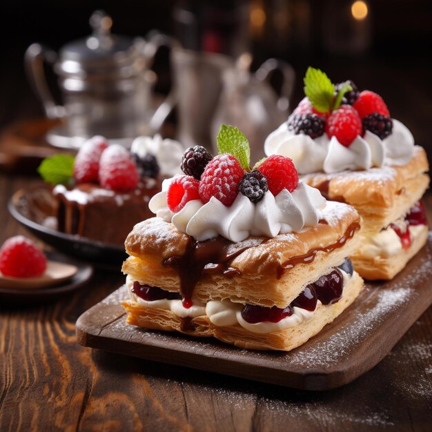 Photo two pastries with whipped cream and berries on them