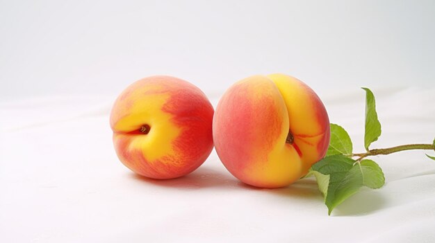 two peaches next to each other, one with a leaf that says'peach '