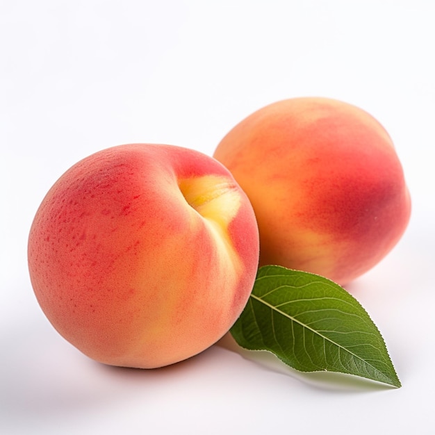 Two peaches with a leaf that says " peach ".