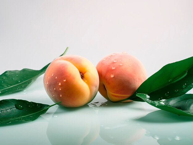 Two peaches with leaves on a table