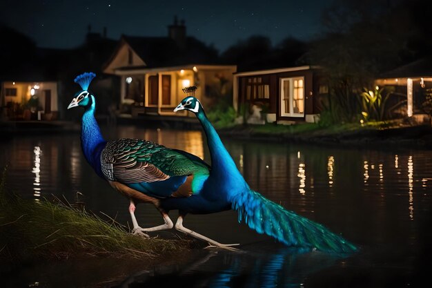 two peacocks are walking on the water in front of a house