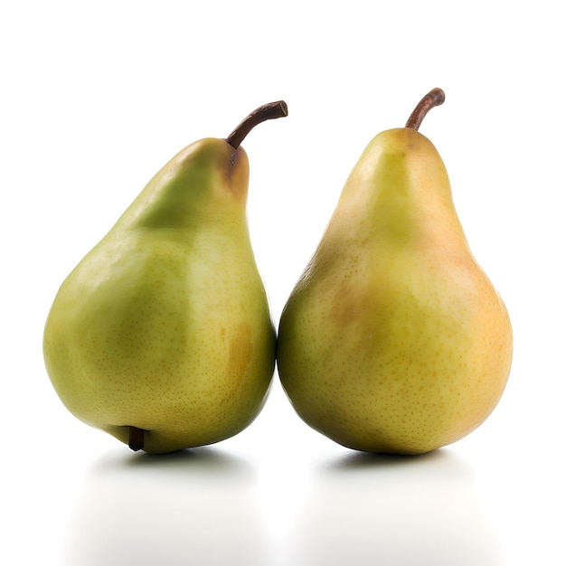 Two pears are sitting on a white surface