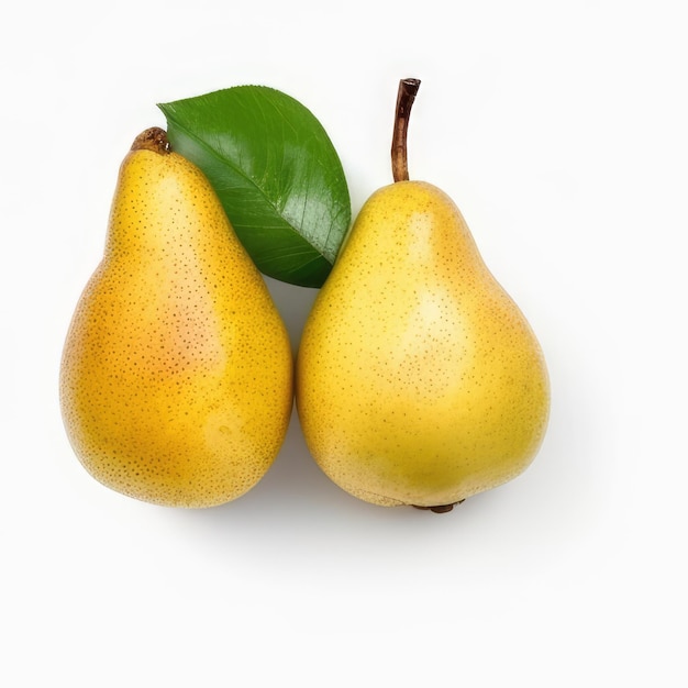 Two pears, one of which has a green leaf.
