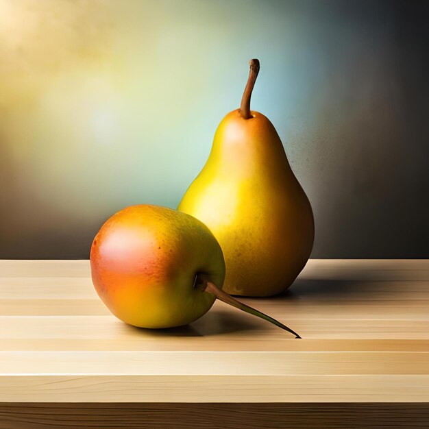 Two pears on a table with a blurred background behind them