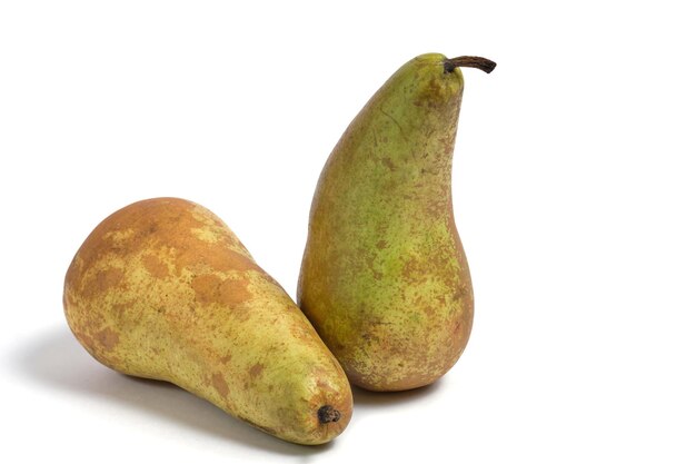 Two pears on white background.