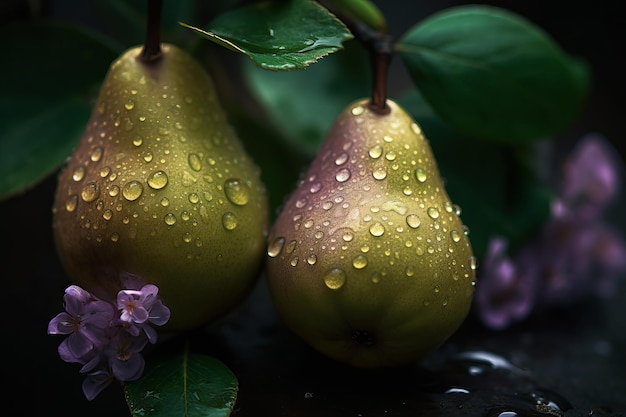 Two pears with purple flowers on them