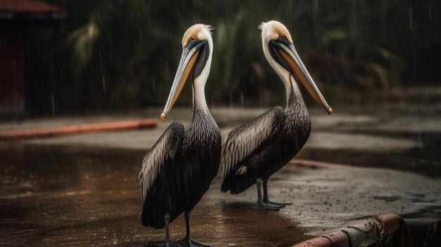 Two pelicans stand on a wet surface in the rain.