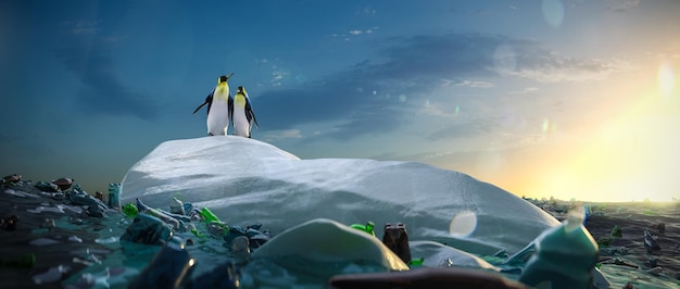 Two penguin looking around and see ocean with plastic garbage. High quality 3d illustration render