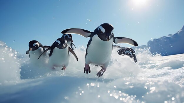 写真 2 匹のペンギンが水の中にいて、1 匹のペンギンはその後ろに青い空を持っています