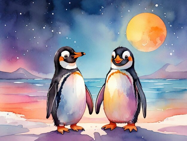 Photo two penguins are standing on a beach and the moon is behind them