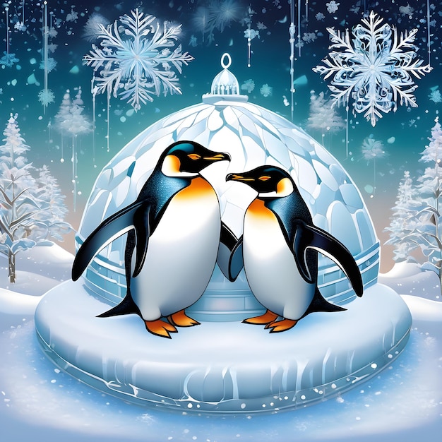 Photo two penguins are standing in a snow covered dome