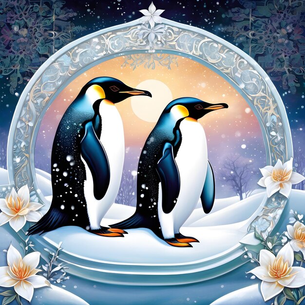 Photo two penguins are standing in a snow covered space with a star on the top