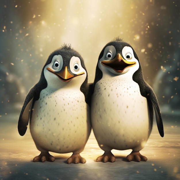 Two penguins are standing together in front of a light background.