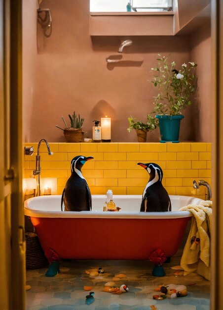 два пингвина в ванне с желтым плиточным полом