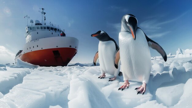 Photo two penguins in front of a ship on an icy antarctic landscape