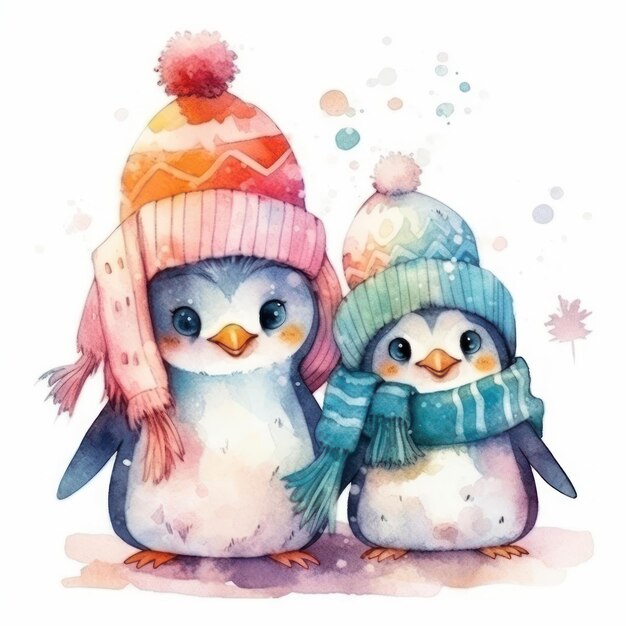 Два пингвина в шапках и шарфах. акварельная иллюстрация двух пингвинов в шапках и шарфах. один из пингвинов в шляпе, а другой в шляпе.