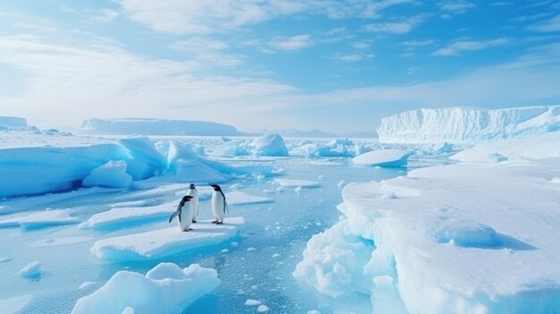 Two penguins on ice floe in the ocean 3d render ... Biology Diagrams