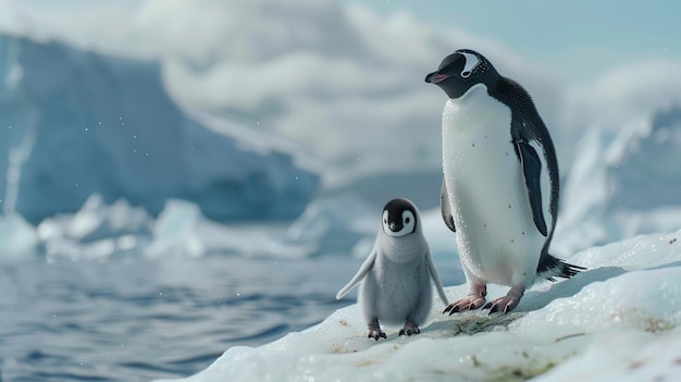 Photo two penguins standing on a rock with ice in the background