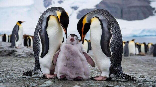 Photo two penguins and their baby penguin family in the antarctic isolated king penguin penguins huggi