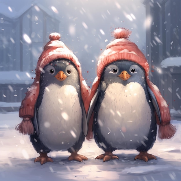 Two penguins wearing hats are standing in the snow