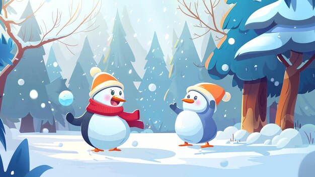 Photo two penguins wearing hats and scarves stand in a snowy forest and look at each other