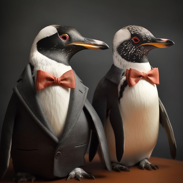 Two penguins wearing tuxedos and a bow tie are standing next to each other.