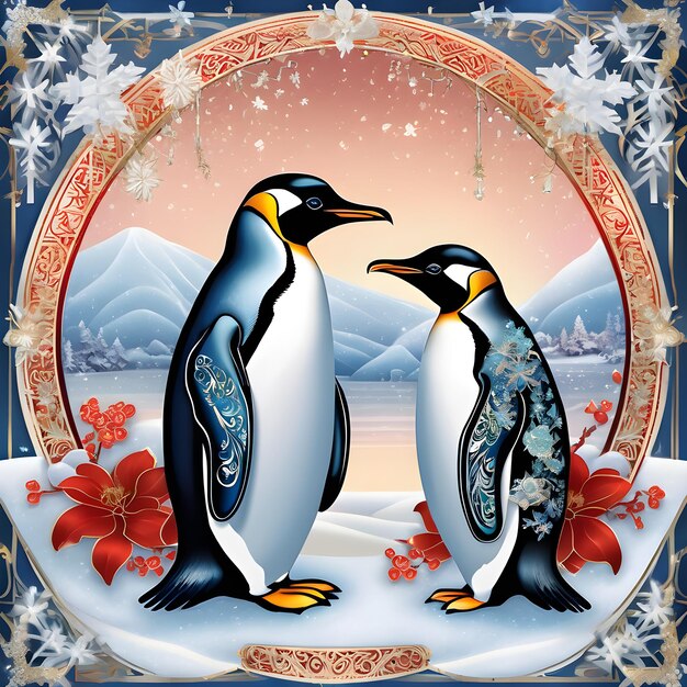 Photo two penguins with a picture of snow and a place for the text quot penguins quot