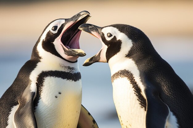 2匹のペンギンが頭を開けています1匹は開いておりもう1匹はもう1匹に開いています