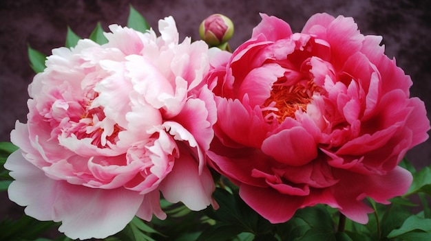 Two peonies in a pot with one of them has a green bud.