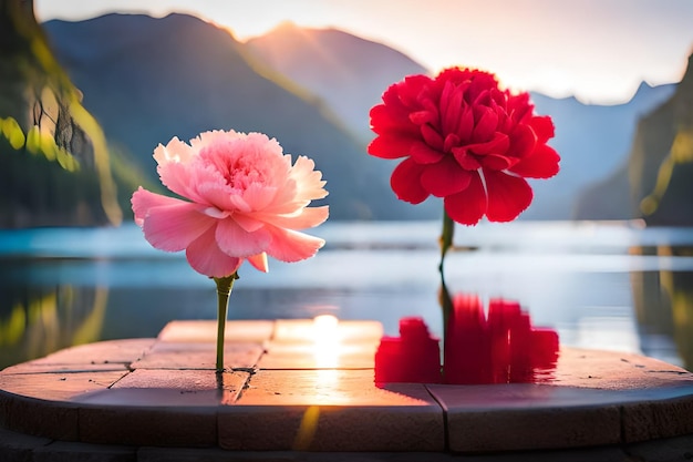 Two peonies on a table with a mountain in the background