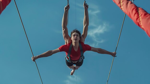 Photo two people are in the air with a rope that says  t  on it